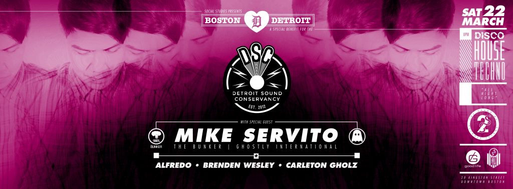 Black, purple, and white flyer for Mike Servito's performance at Social Studies Boston.