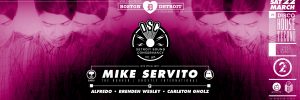 Black, purple, and white flyer for Mike Servito's performance at Social Studies Boston.